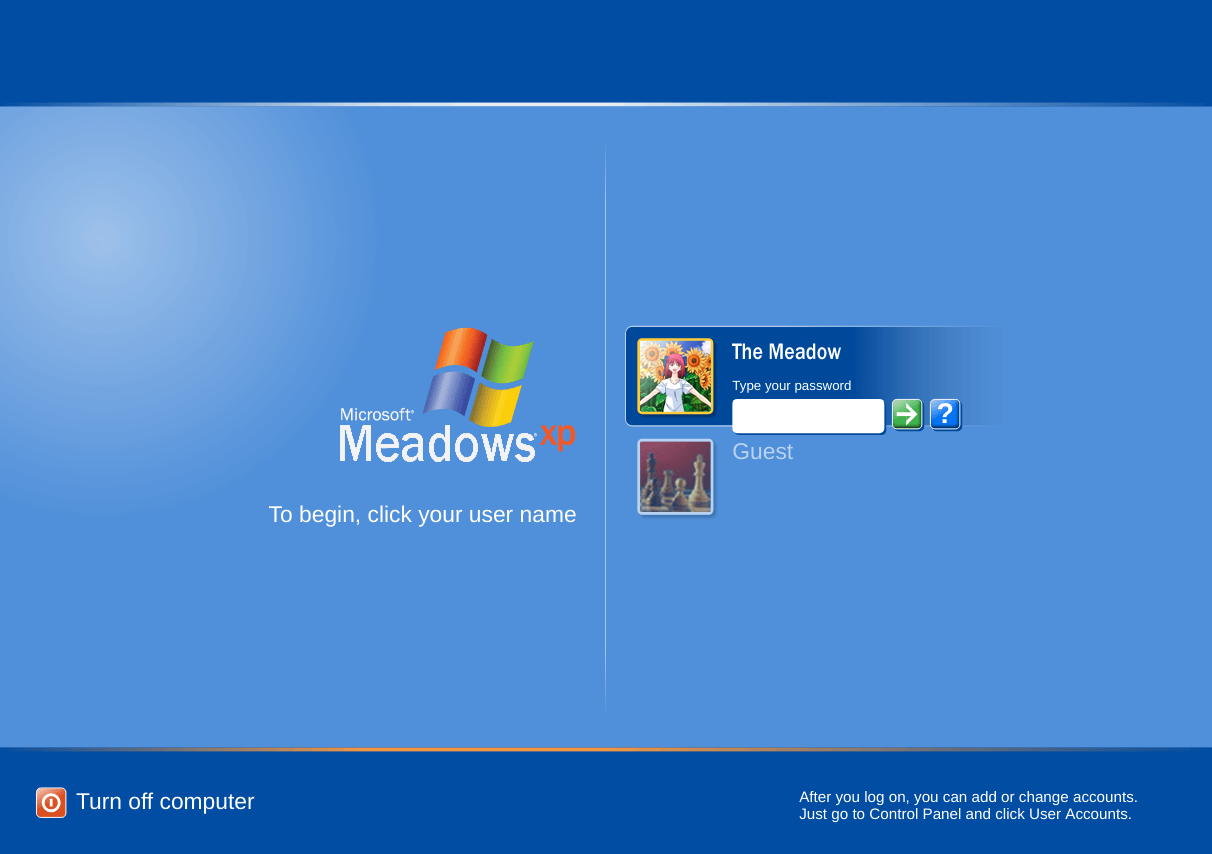 A Windows XP login screen with the text edited to say 'Microsoft Meadows XP.' 
      There is a guest user and a user named 'The Meadow' which is currently selected.