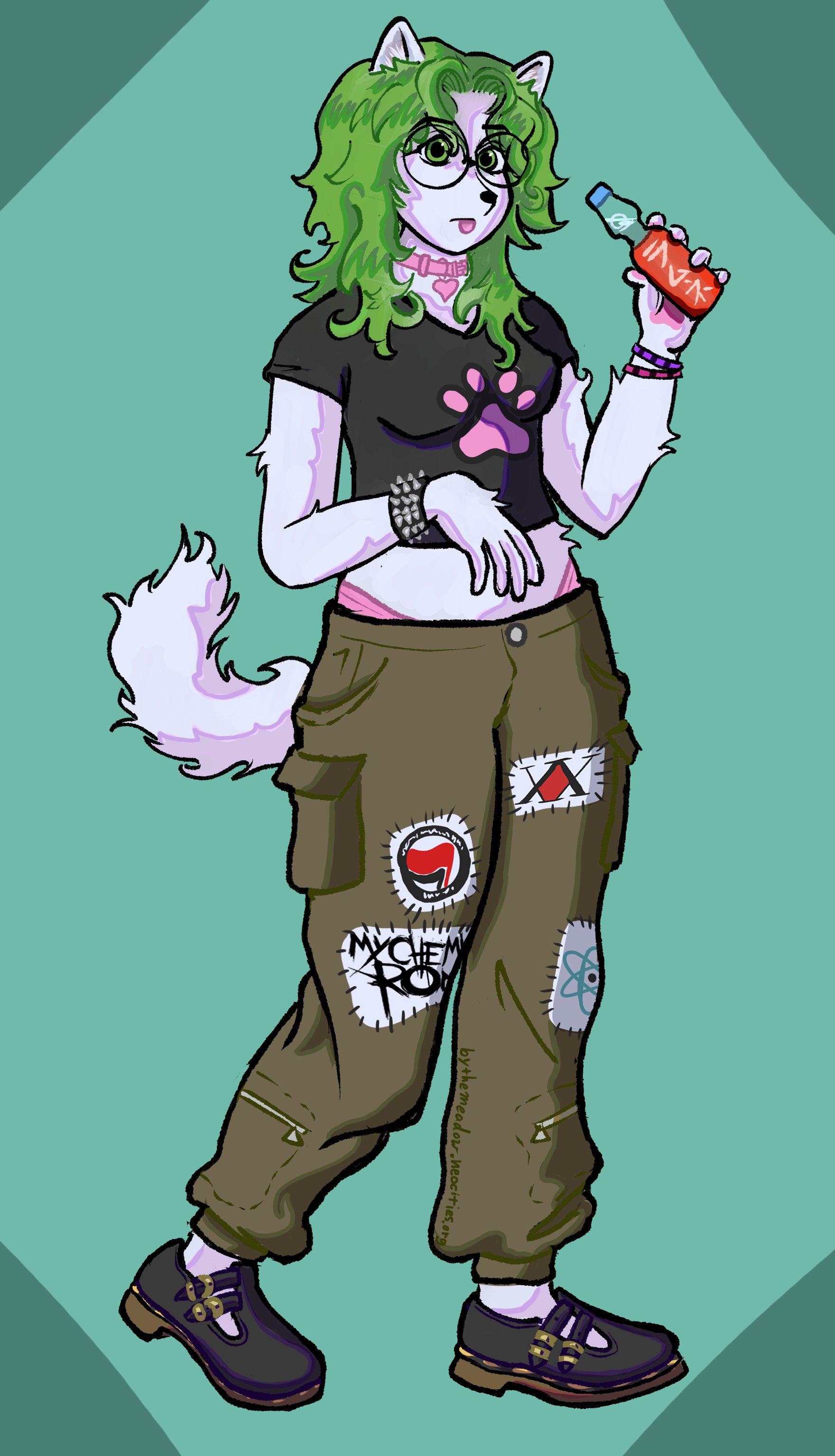 A colored digital drawing of the webmaster's fursona. She is a white samoyed with long green hair and circle glasses. She's wearing a pink dog collar, a black cutoff tshirt with a pink paw on it, and a pair of green cargo pants with various patches on them. The patches are: the Hunter x Hunter logo, the My Chemical Romance Logo, the antifa symbol, and a symbol worn by Jade Harley. She is also holding a bottle of ramune, and is looking blankly at the camera with her tongue out.